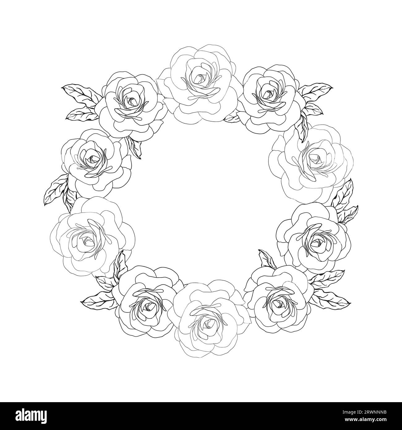 Vintage card with camellia flowers. Floral wreath. Sketched circle wreath, floral and herbs garland with camellia flower. Summer floral rose greeting Stock Vector