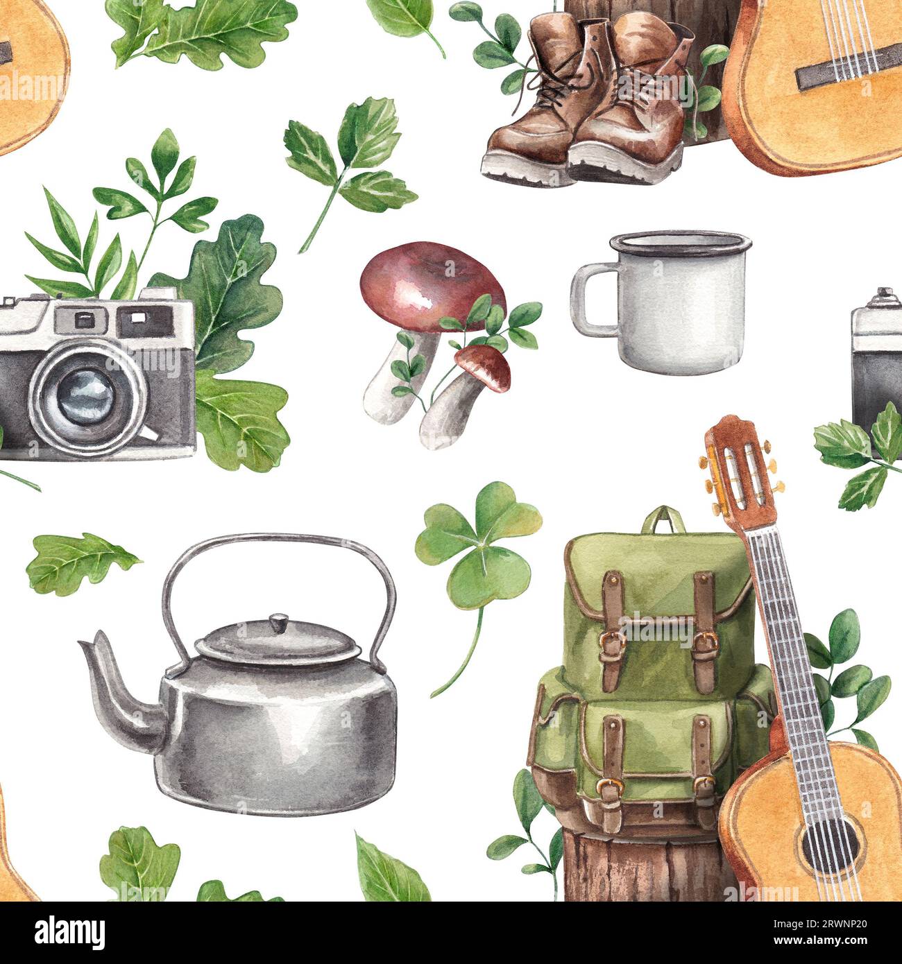 Seamless pattern Camping on a white background. Watercolor hand drawn ...