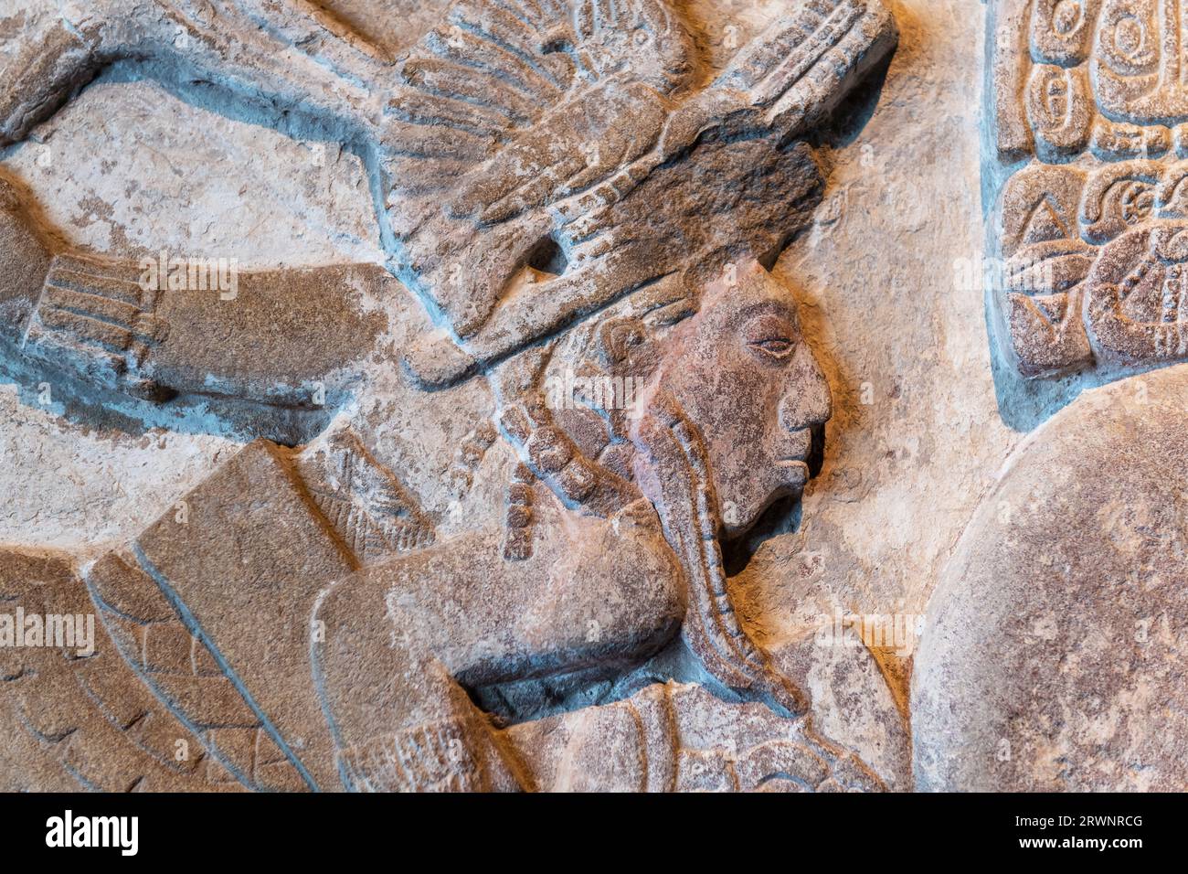 Maya bas relief carving in a stele tombstone of a mayan ruler king of Palenque city state, Mexico. Stock Photo