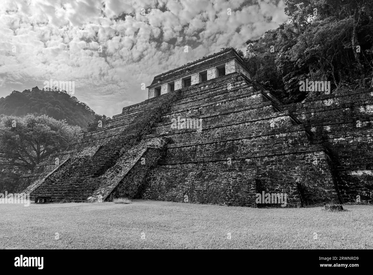 Palenque maya Temple of Inscriptions in black and white, Chiapas, Mexico. Stock Photo