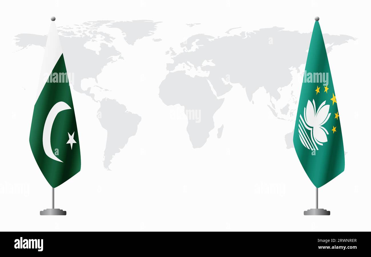 Pakistan and Macau flags for official meeting against background of world map. Stock Vector