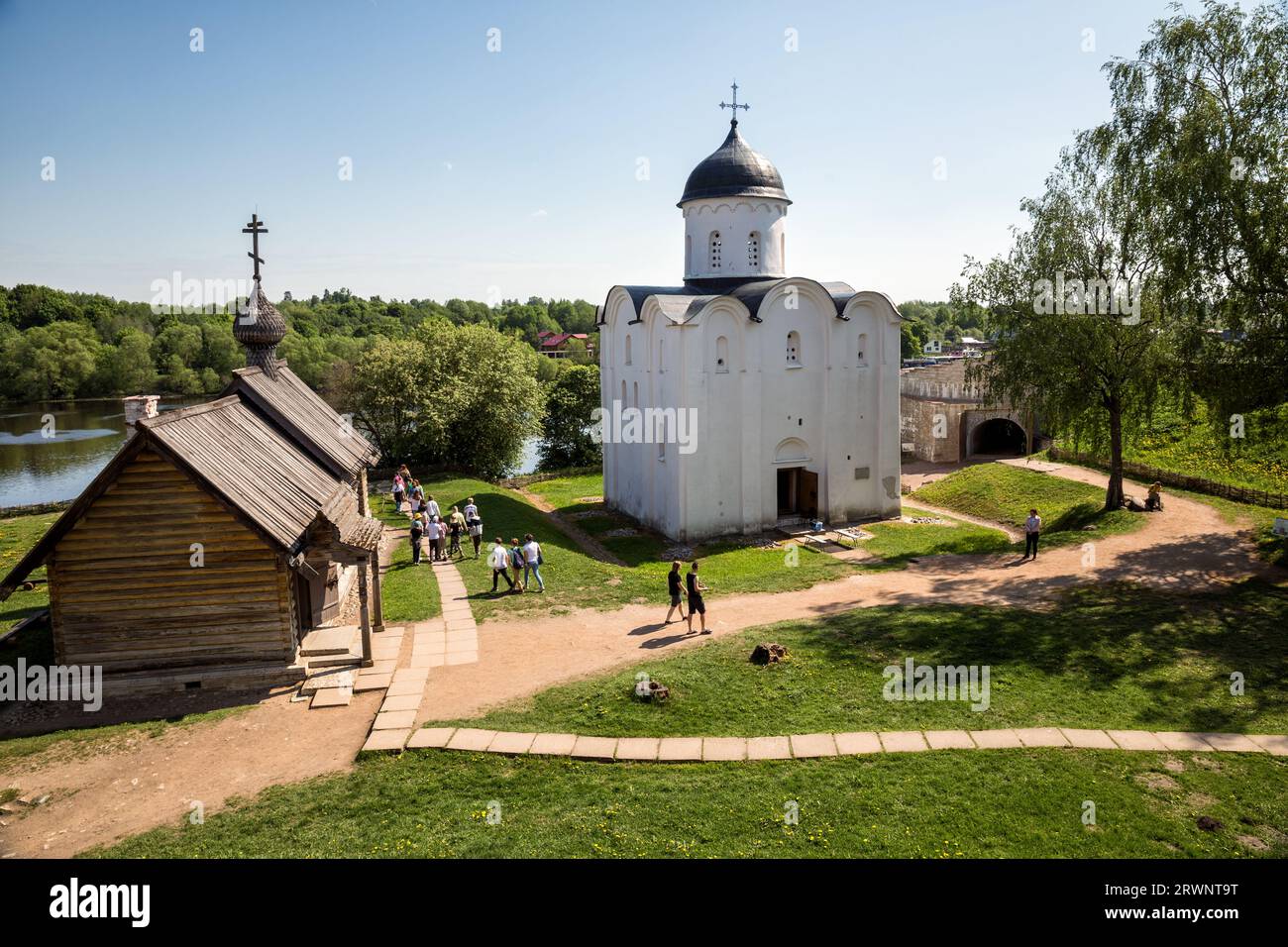 Staraya Ladoga, Russia May 25, 2023 A group of tourists on the