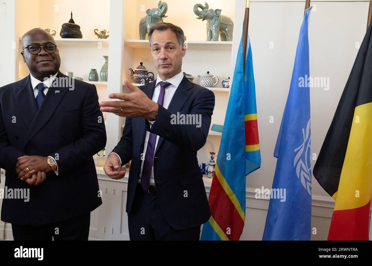 New York, USA. 20th Sep, 2023. DRC Congo President Felix Tshisekedi and Prime Minister Alexander De Croo pictured prior to a lunch of Belgian Prime Minister with DR Congo President, at the Belgian residence, in marge of the 78th session of the United Nations General Assembly (UNGA78), in New York City, United States of America, Wednesday 20 September 2023. BELGA PHOTO BENOIT DOPPAGNE Credit: Belga News Agency/Alamy Live News Stock Photo