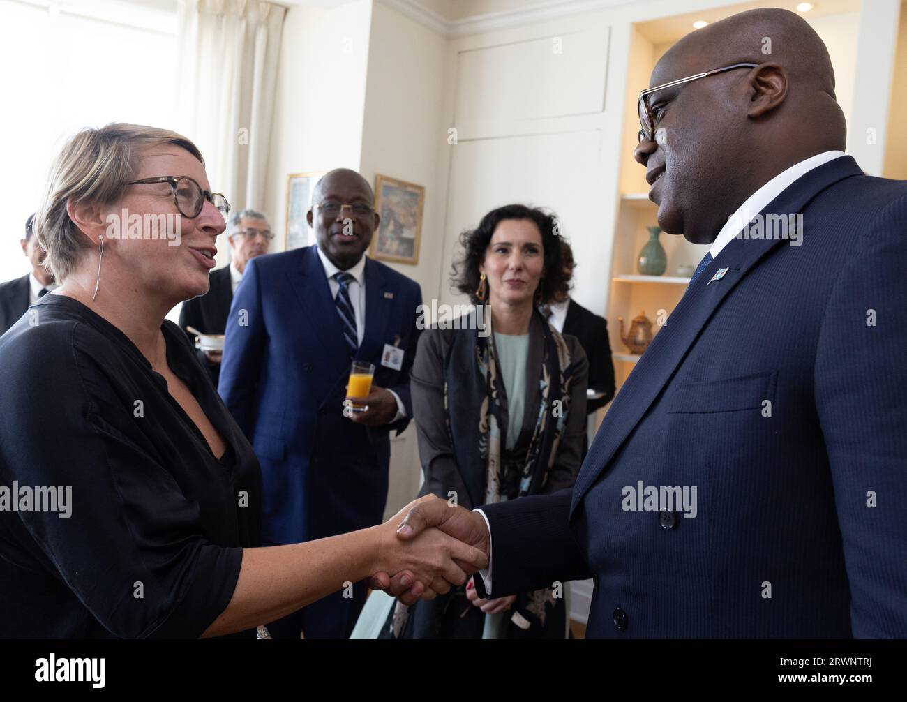 New York, USA. 20th Sep, 2023. Minister for Development Cooperation and Metropolitan Policy Caroline Gennez, Congolese Foreign Minister Christophe Lutundula Apal, Belgian Foreign minister Hadja Lahbib and DRC Congo President Felix Tshisekedi pictured prior to a lunch of Belgian Prime Minister with DR Congo President, at the Belgian residence, in marge of the 78th session of the United Nations General Assembly (UNGA78), in New York City, United States of America, Wednesday 20 September 2023. BELGA PHOTO BENOIT DOPPAGNE Credit: Belga News Agency/Alamy Live News Stock Photo
