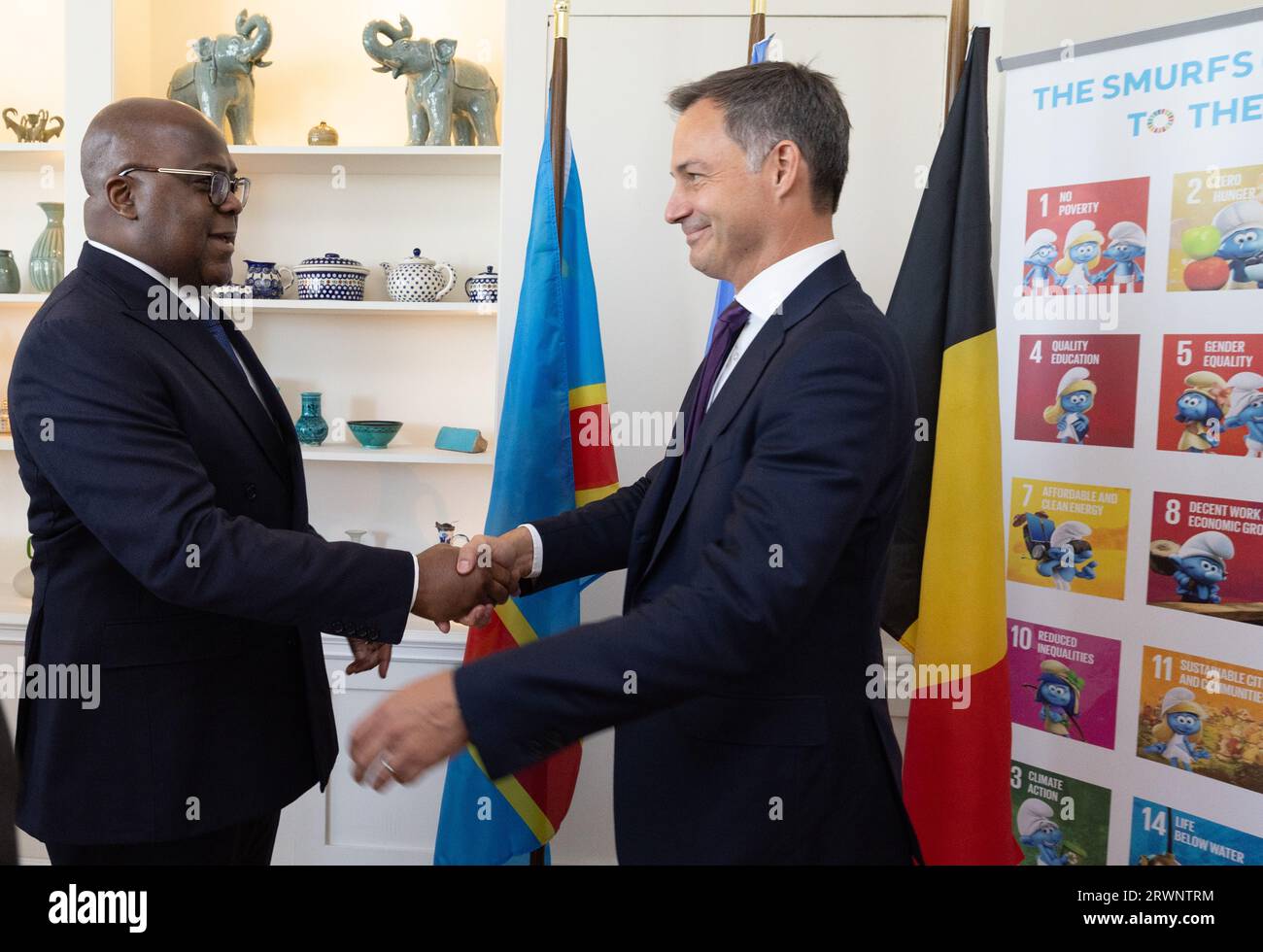 New York, USA. 20th Sep, 2023. DRC Congo President Felix Tshisekedi and Prime Minister Alexander De Croo pictured prior to a lunch of Belgian Prime Minister with DR Congo President, at the Belgian residence, in marge of the 78th session of the United Nations General Assembly (UNGA78), in New York City, United States of America, Wednesday 20 September 2023. BELGA PHOTO BENOIT DOPPAGNE Credit: Belga News Agency/Alamy Live News Stock Photo