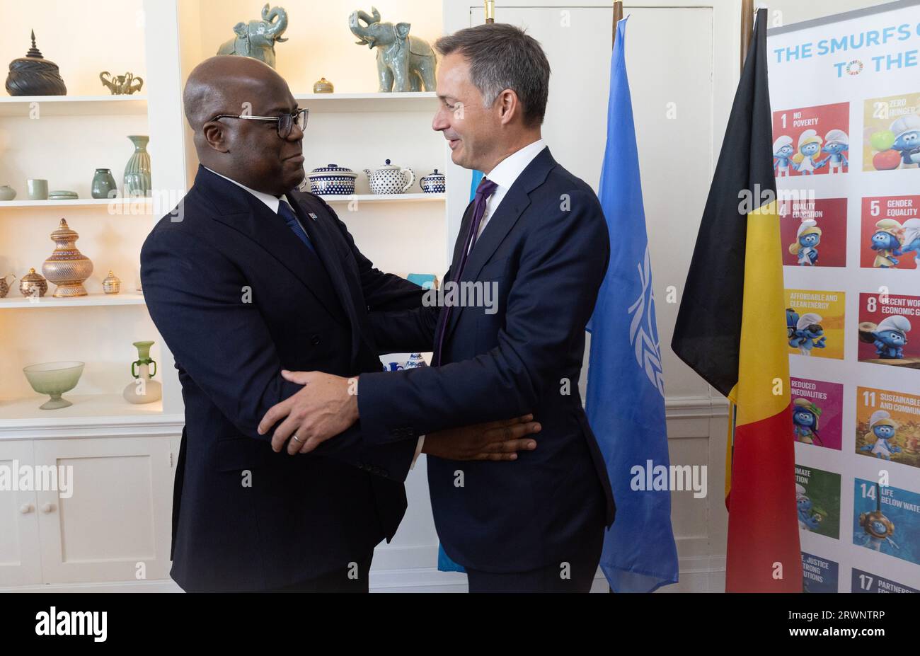 New York, USA. 20th Sep, 2023. DRC Congo President Felix Tshisekedi and Prime Minister Alexander De Croo pictured prior to a lunch of Belgian Prime Minister with DR Congo President, at the Belgian residence, in marge of the 78th session of the United Nations General Assembly (UNGA78), in New York City, United States of America, Wednesday 20 September 2023. BELGA PHOTO BENOIT DOPPAGNE Credit: Belga News Agency/Alamy Live News Stock Photo