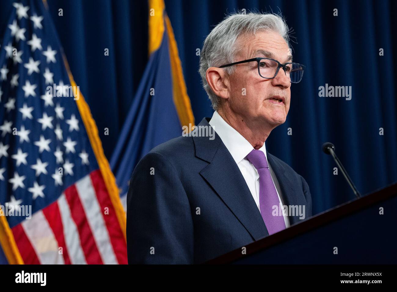 Washington, USA. 20th Sep, 2023. U.S. Federal Reserve Chair Jerome Powell  speaks to media during a press conference after a Federal Open Market  Committee (FOMC) meeting, in Washington, DC, on Wednesday, September