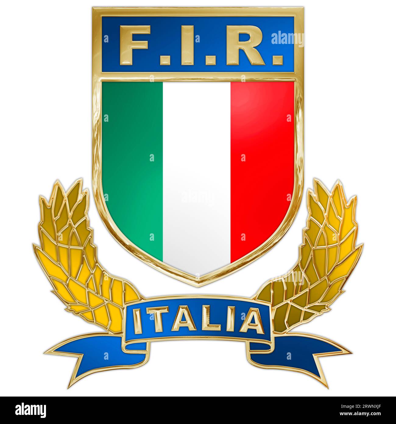 Italy, year 2023, Italian Rugby Federation, golden graphic processing of the 3D coat of arms, illustration Stock Photo
