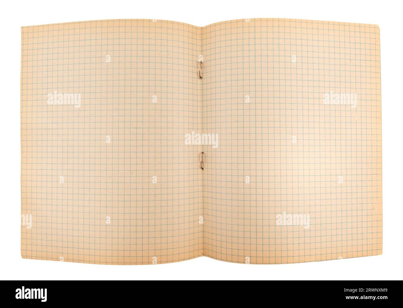 An unfolded checkered notebook on a white background. Sheet. Squared paper Stock Photo
