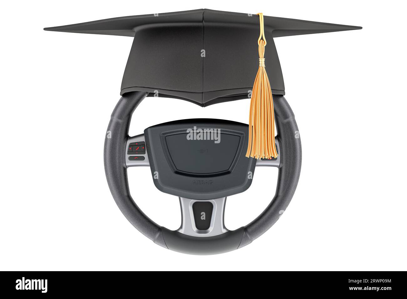 Car driving licence lessons, driving school. Steering wheel with