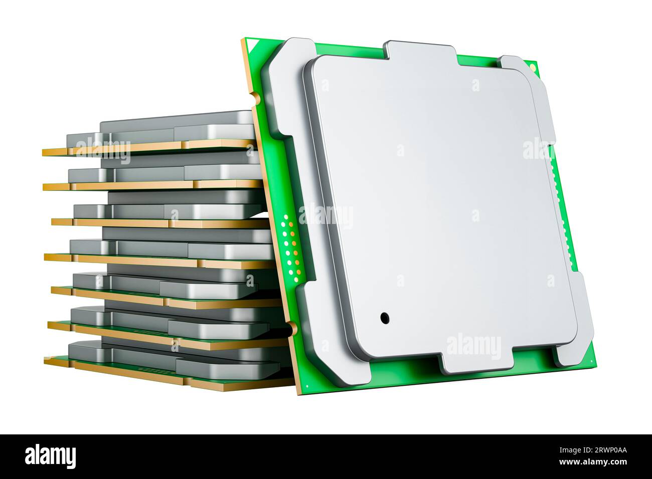 Stack of CPU computer processors, 3D rendering isolated on white