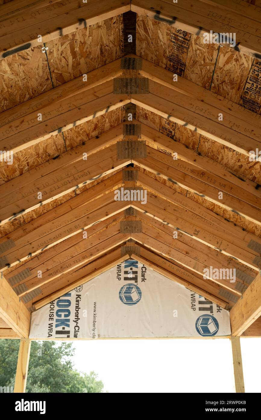 Roof of entranceway of a new home under construction Stock Photo