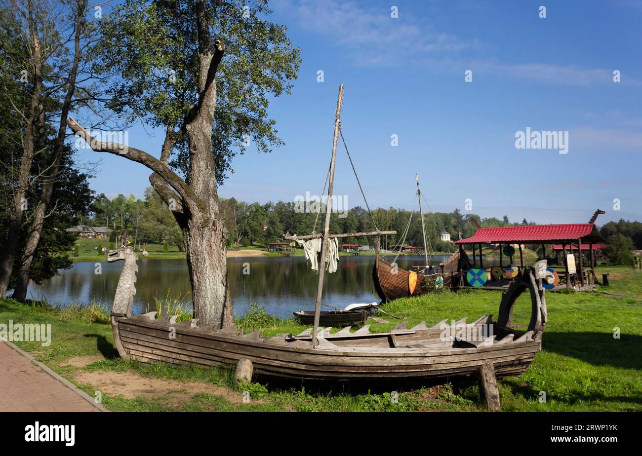 River, old antique ship in the village of Sula. September 17, 2023, Belarus Stock Photo