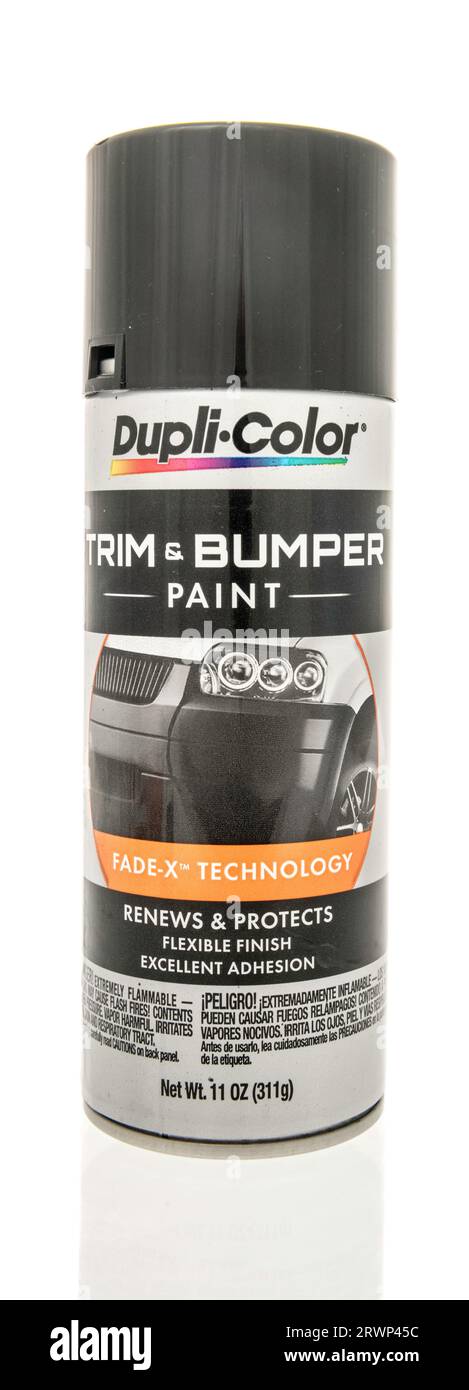 Winneconne, WI - 12 August 2023:  A can of Dupli color trim and bumper paint on an isolated background Stock Photo