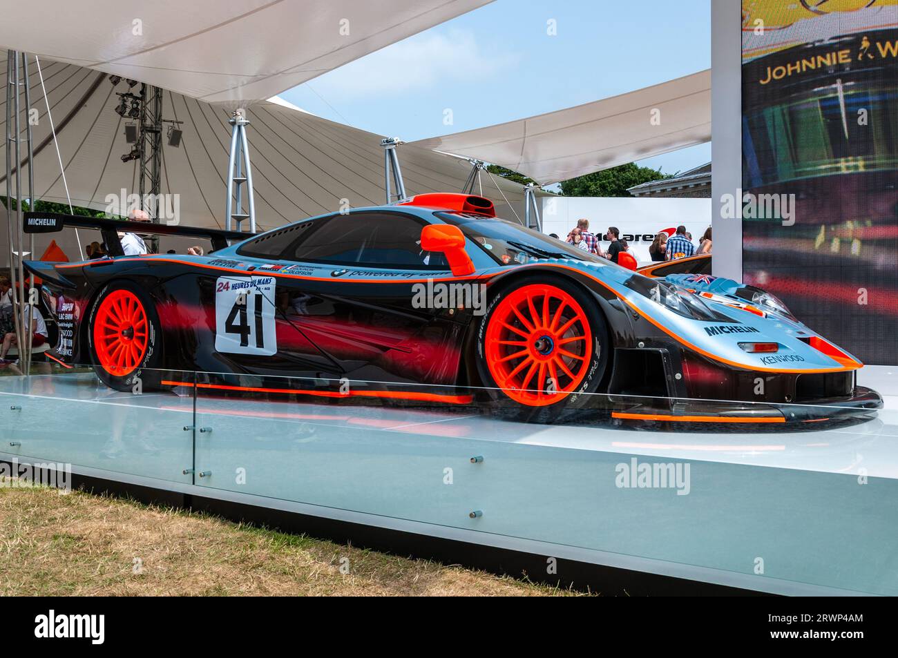 McLaren F1 GTR in Gulf livery at the Goodwood Festival of Speed motorsport event 2013, in the McLaren 50, 50th anniversary celebration area Stock Photo