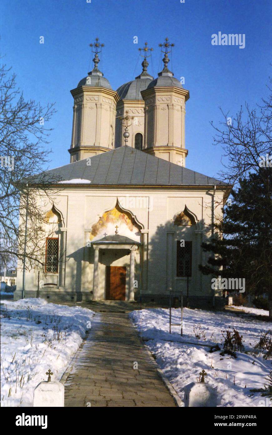 Ilfov County, Romania, 1992. Exterior view of Pasarea Monastery, a historical monument from the XIX century. Stock Photo