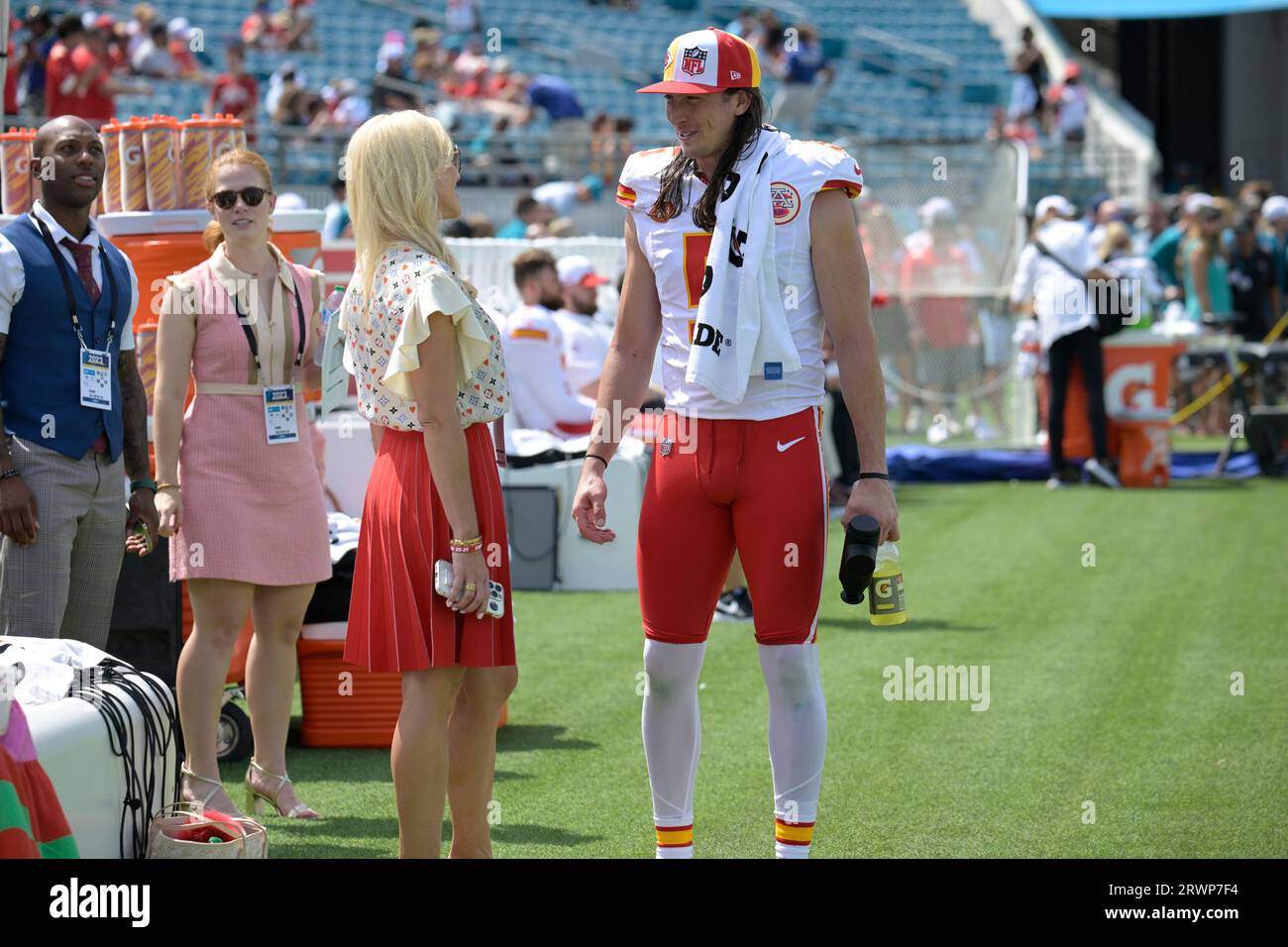 Kansas City Chiefs punter Tommy Townsend (5) talks with Tavia Hunt