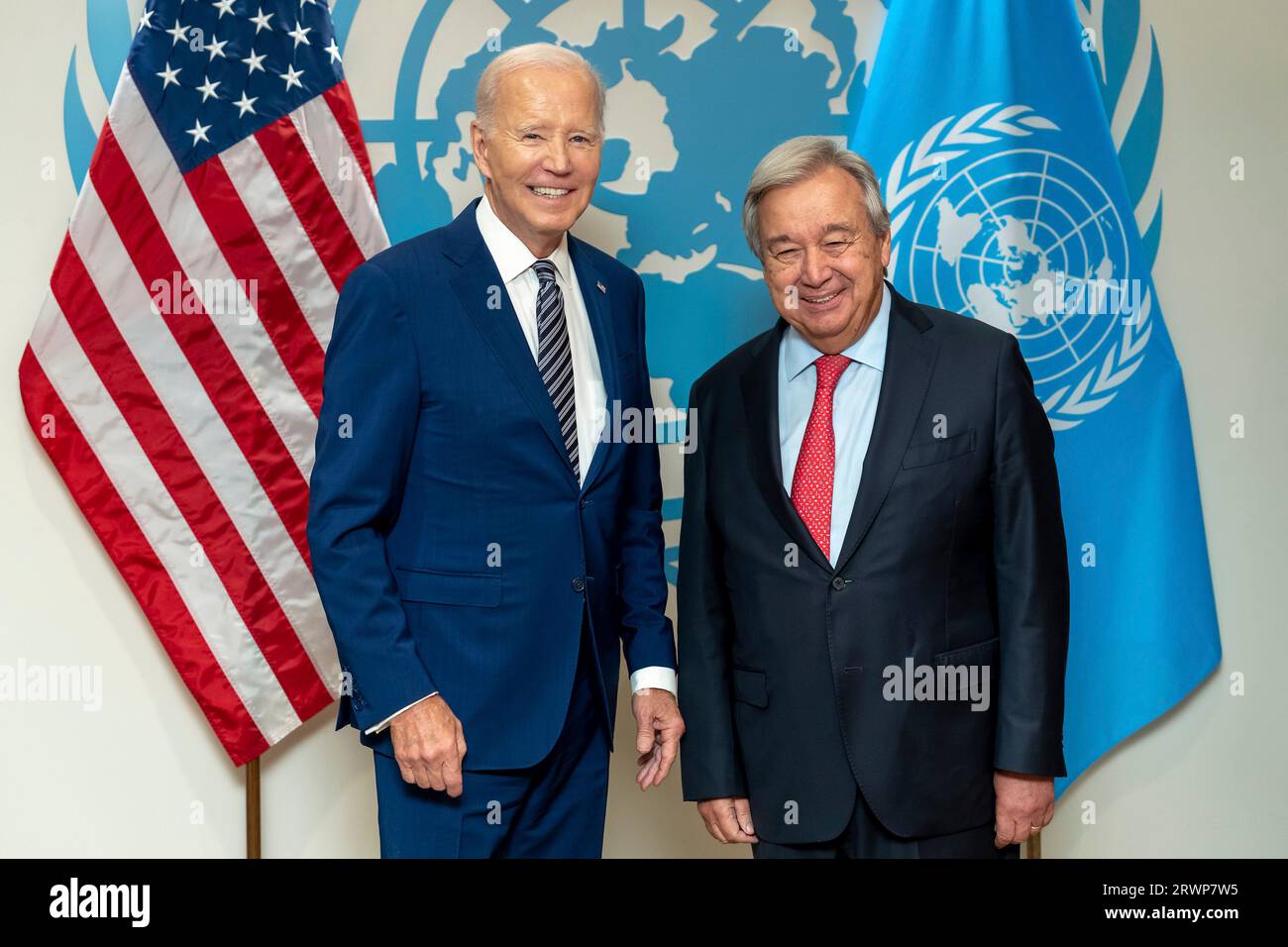 New York, United States. 19th Sep, 2023. U.S President Joe Biden, left, poses with UN Secretary General Antonio Guterres, prior to their bilateral meeting at the United Nations Headquarters, September 19, 2023, in New York City, New York. Credit: Adam Schultz/White House Photo/Alamy Live News Stock Photo
