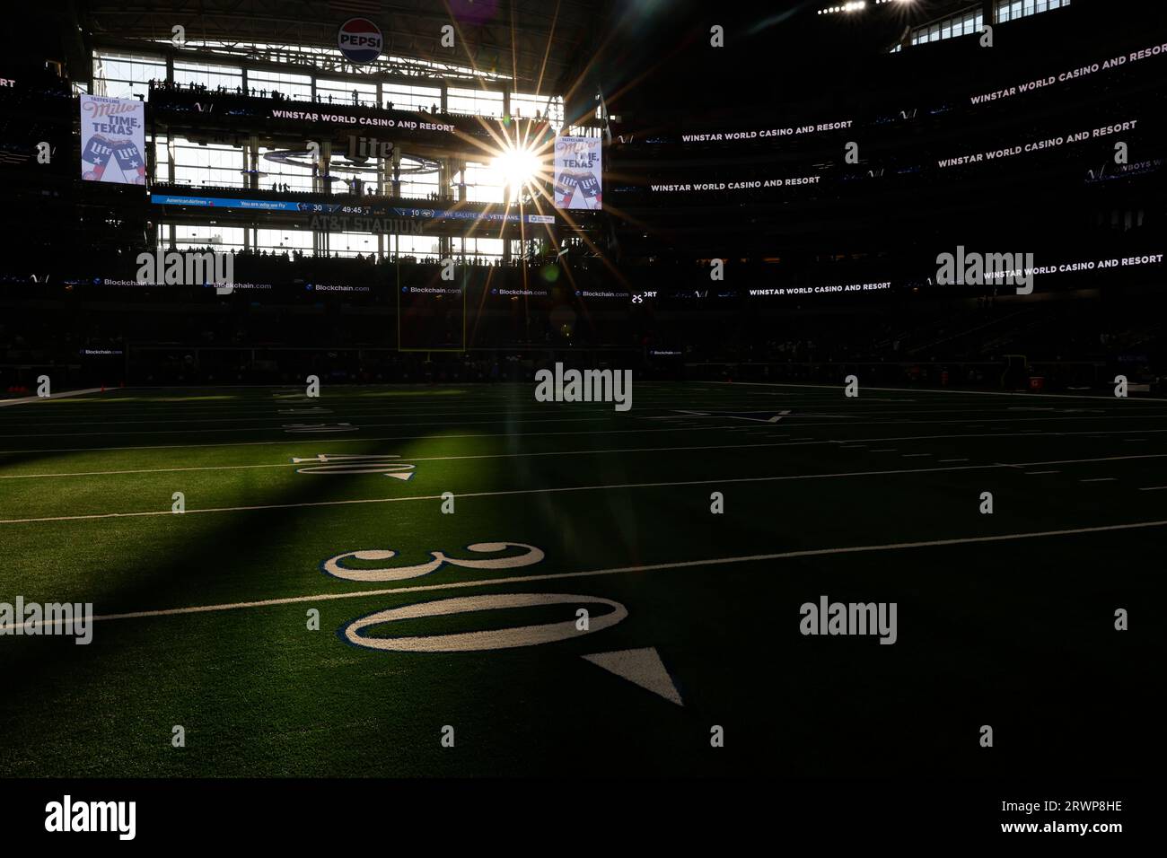 AT&T Stadium in a general view, GV, from field level as the sunlight ...