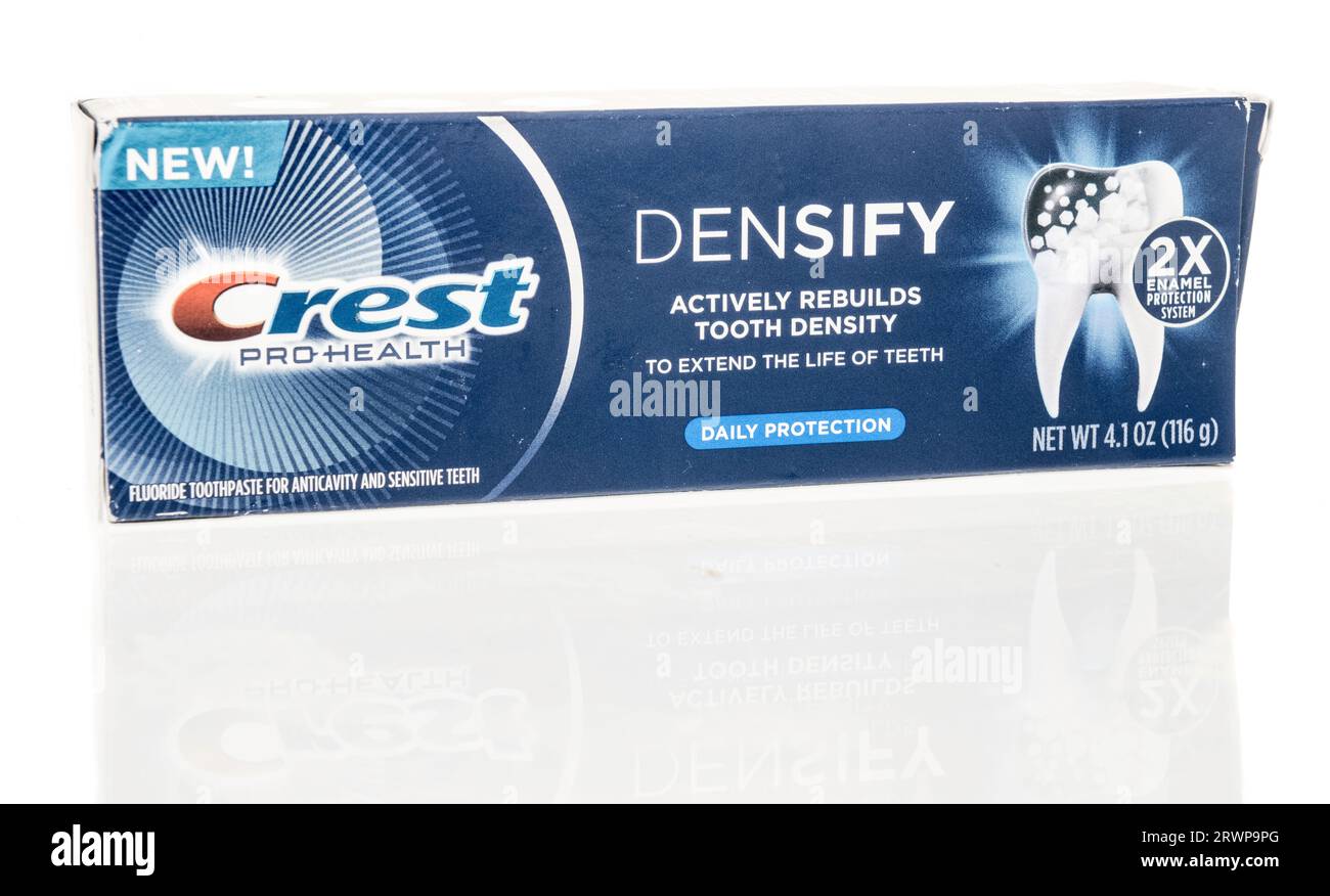 Winneconne, WI - 10 September 2023:  A package of Crest densify toothpaste on an isolated background Stock Photo