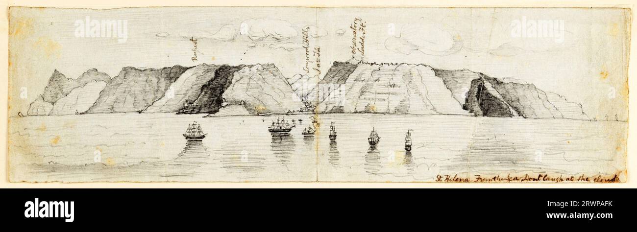 A view of St Helena's from the sea - pencil drawing by John William Hardwick 1826-1891, who was en route to Australia. The drawing is partly captioned 'Don't laugh at the clouds' Stock Photo