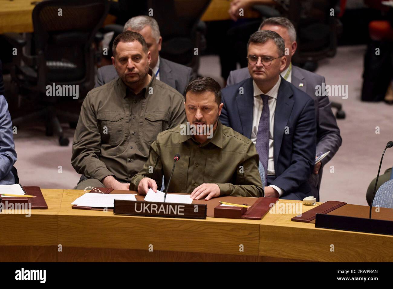 New York, United States. 20th Sep, 2023. Ukrainian President Volodymyr Zelenskyy listens during a special Security Council meeting on the Russian Invasion of Ukraine at the United Nations headquarters, September 20, 2023 In New York City, New York, USA. Credit: Ukraine Presidency/Ukrainian Presidential Press Office/Alamy Live News Stock Photo