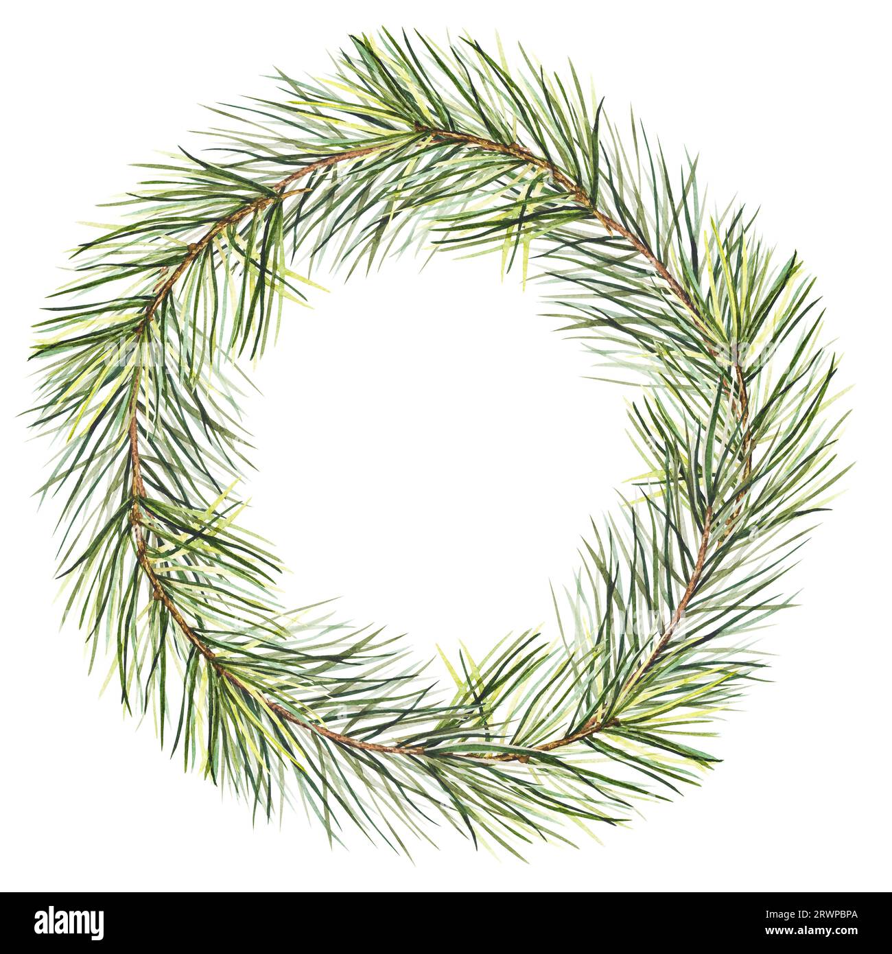 Watercolor wreath illustration with pine branch. Isolated cliparts with ...