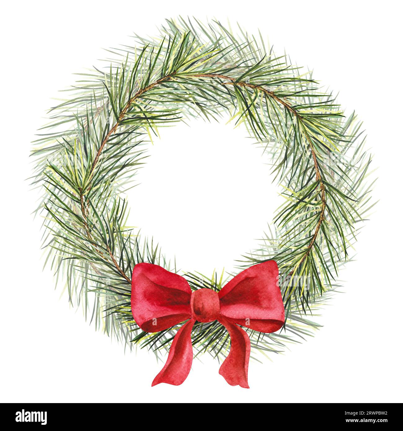 Watercolor wreath illustration with pine branch and a bright red ...