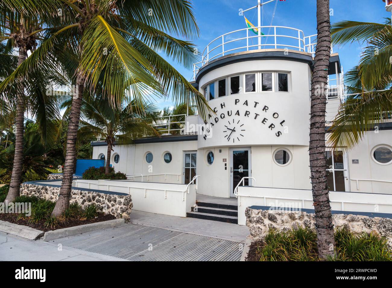 Miami Beach Patrol Headquarters, Miami Beach, FL 33139, United States - art deco building in Lummus Park, South Beach Stock Photo