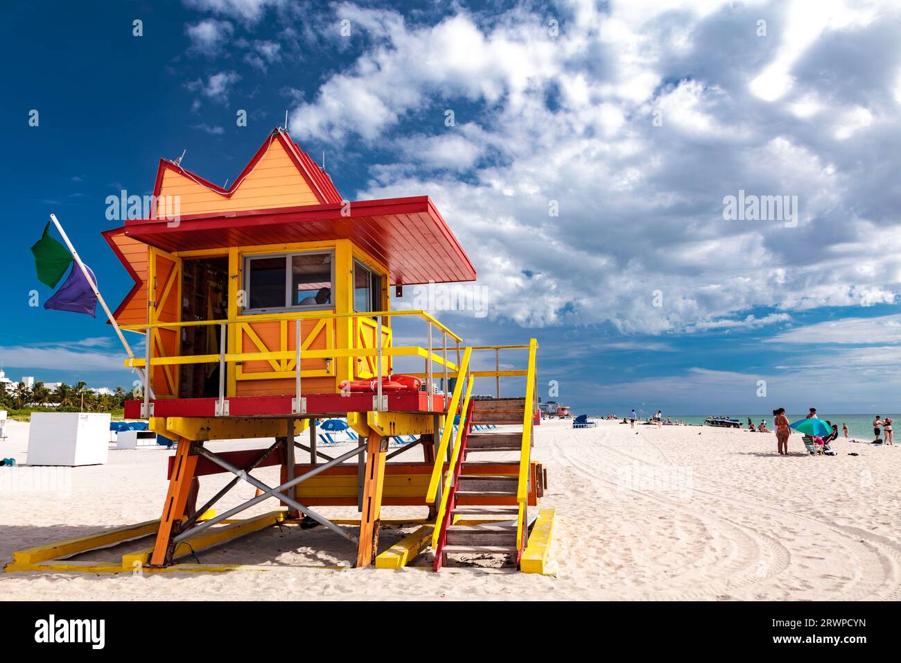 CITY OF MIAMI BEACH LIFEGUARD TOWER, 8th Street,Ocean Drive, Miami Beach: art deco district South Beach, Built in the mid 1990s after Hurricane Andrew Stock Photo