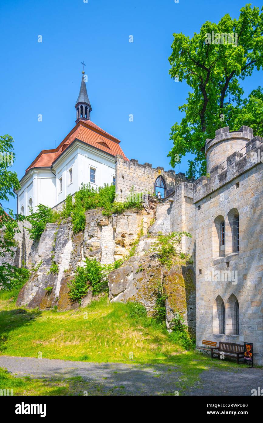 Old medieval castle Valdstejn with The Chapel of the Saint John of Nepomuk in the heart of Bohemian Paradise, Czech Republic Stock Photo