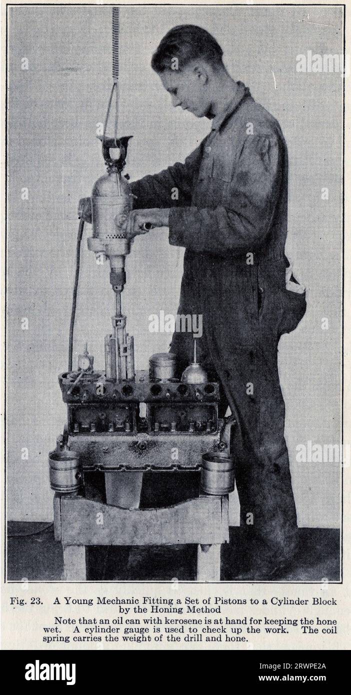 Halftone of a young mechanic fitting a set of pistons to a cylinder