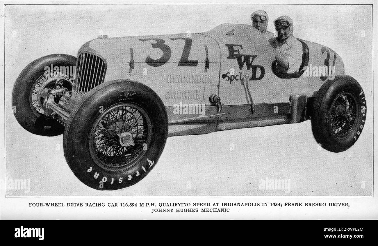 Halftone of a four wheel drive racing car which reached a qualifying speed of 117 mph at Indianapolis in 1934. The driver is Frank Bresko, the mechanic Johnny Hughes. Stock Photo