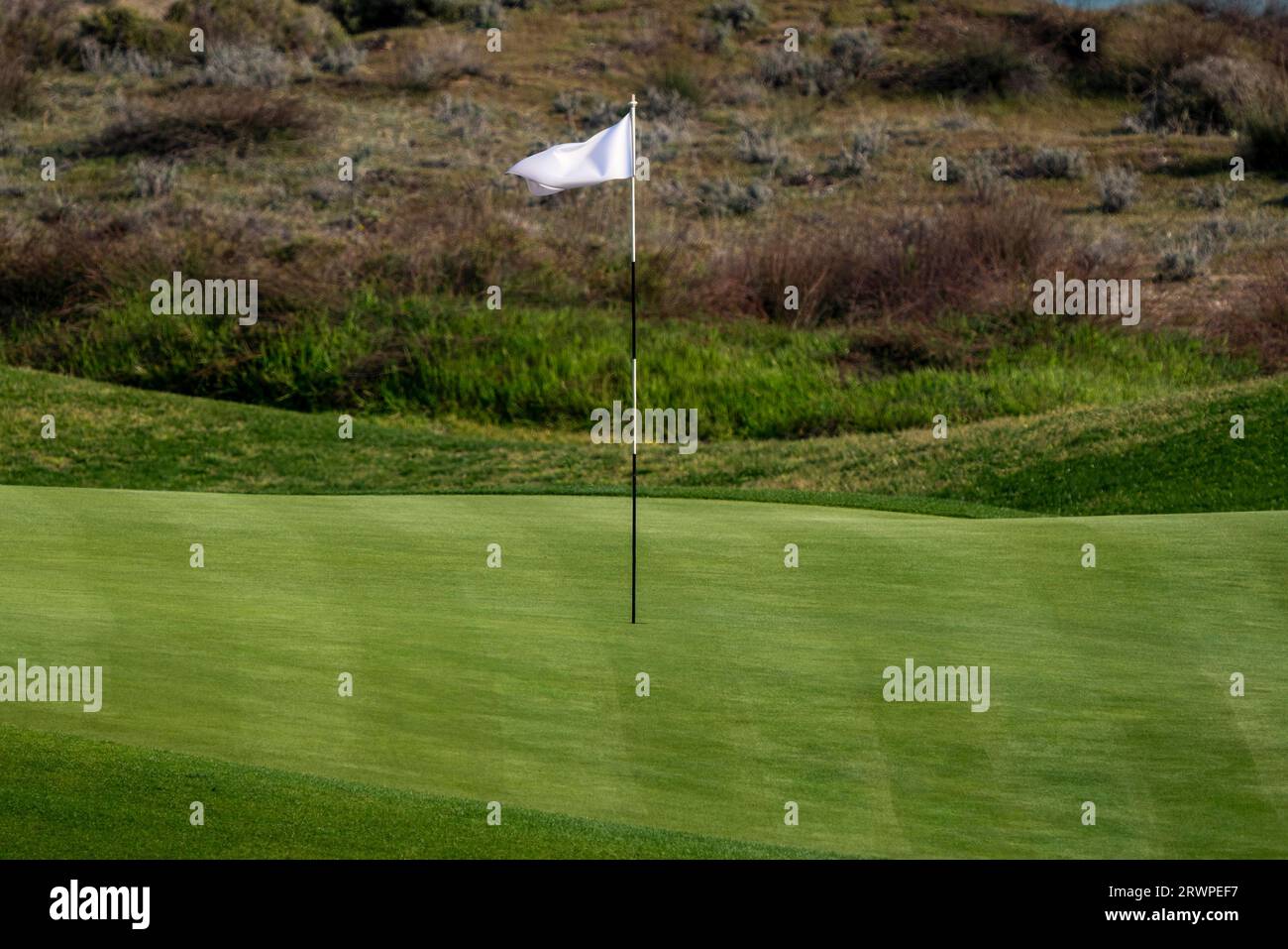 A golf course and its flag pole. Flag pole on a golf green Stock Photo Alamy