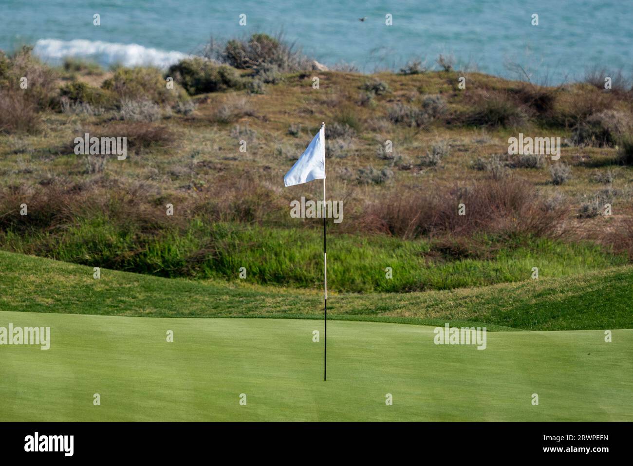 A golf course and its flag pole. Flag pole on a golf green Stock Photo Alamy