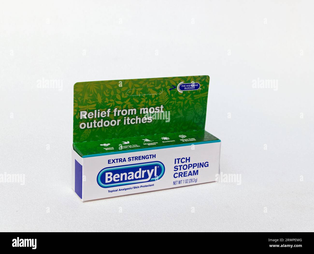 Benadryl Itch Stopping Cream, an over-the-counter topical analgesic & histamine blocker for bites, rashes, burns, sunburn, cuts, scrapes, irritations. Stock Photo