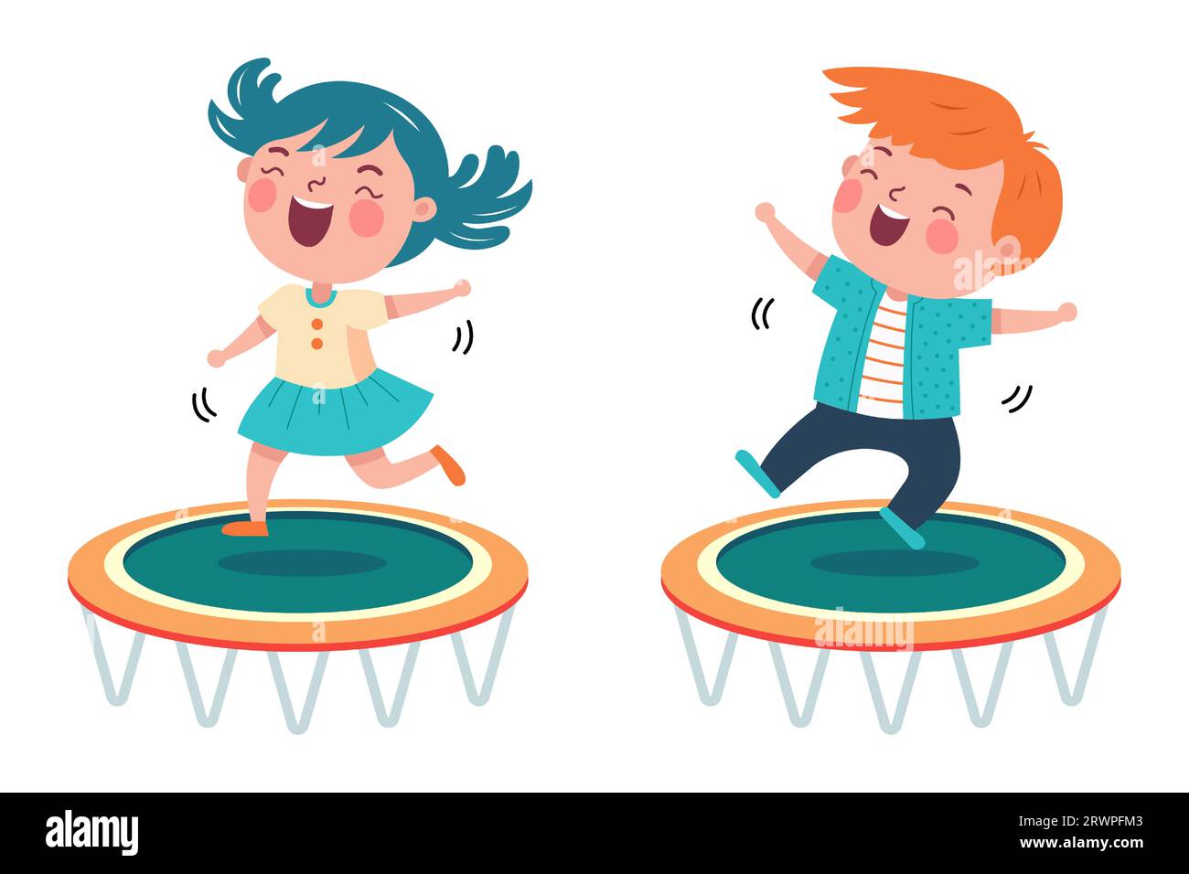 boy and girl jumping on a trampoline. amusement park. flat vector illustration. Stock Vector