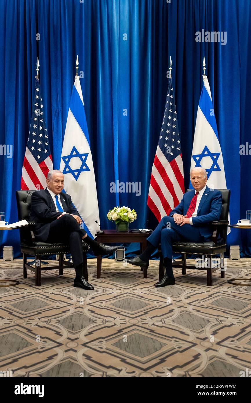 New York, United States. 20th Sep, 2023. U.S President Joe Biden, right, holds a bilateral meeting with Israeli Prime Minister Benjamin Netanyahu at the United Nations Headquarters, September 20, 2023, in New York City, New York. Credit: Adam Schultz/White House Photo/Alamy Live News Stock Photo