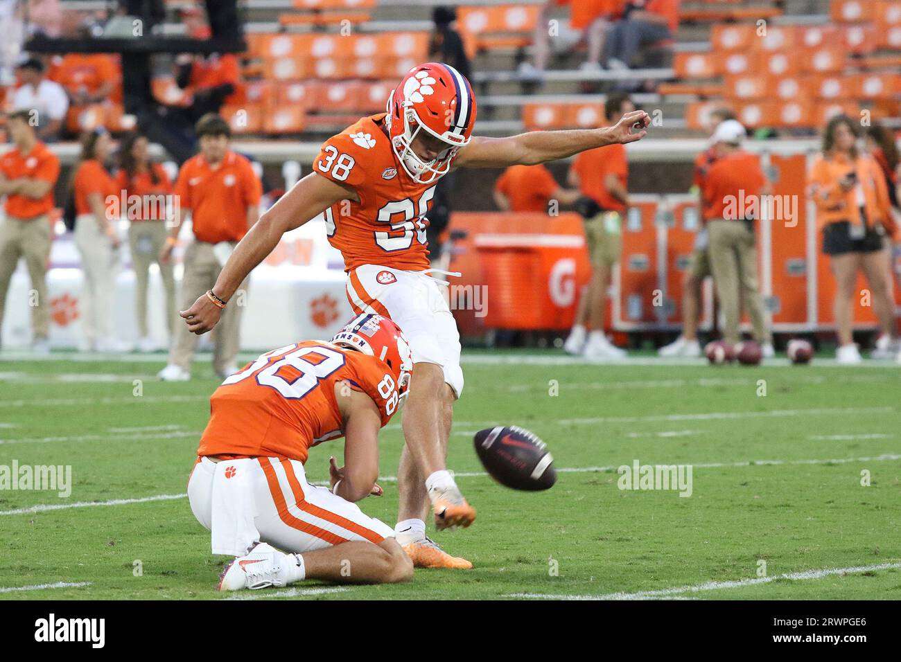 CLEMSON, SC - SEPTEMBER 16: Clemson Tigers kicker Robert Gunn III (38)  during a college football game between the Florida Atlantic Owls and he  Clemson Tigers on September 16, 2023 at Clemson