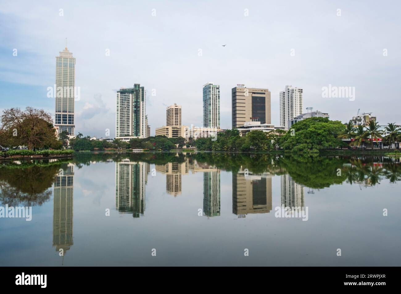 Asia, Sri Lanka, Colombo, City Skyline. Beira lake & Gangaramaya Park. Urban cityscape of Central Business District (CBD) Stock Photo