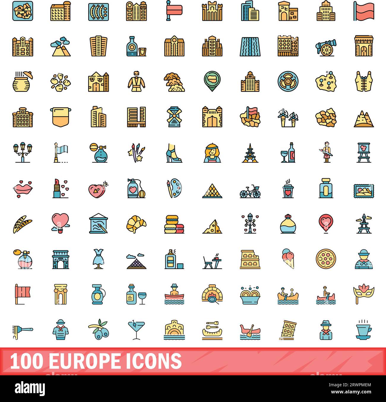 100 europe icons set. Color line set of europe vector icons thin line