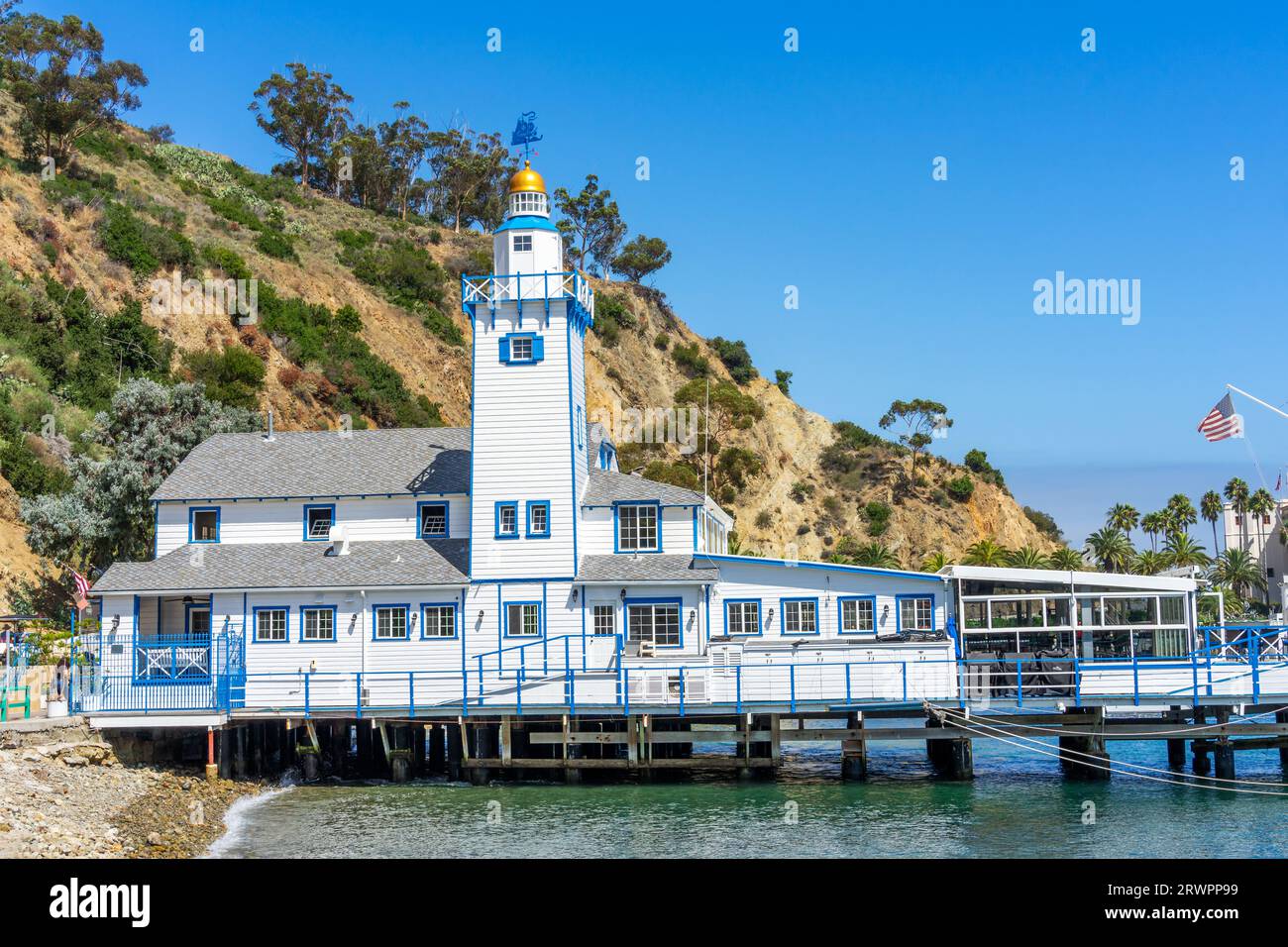 Avalon, CA, USA - September 13, 2023: Exterior view of the historic Catalina Island Yacht Club building located in Avalon, California. Stock Photo