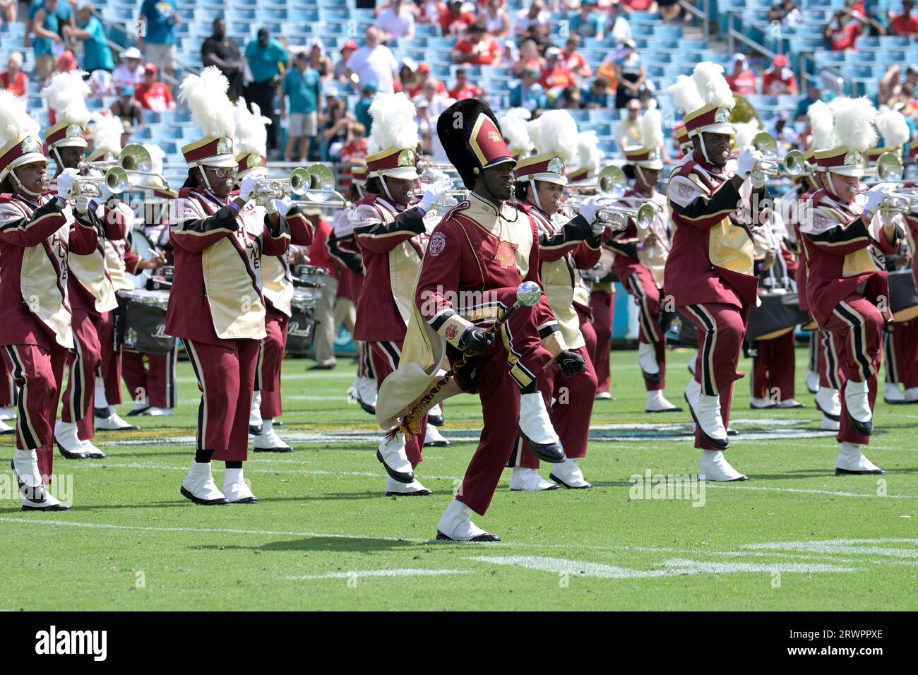 Members of the Bethune Cookman marching band perform during halftime of ...