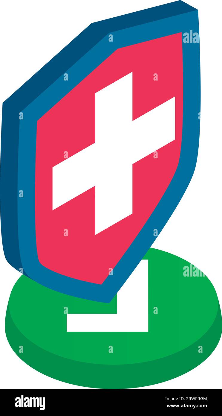 Protected sign icon isometric vector. Shield with white cross on green button. Guarantee, protection concept Stock Vector
