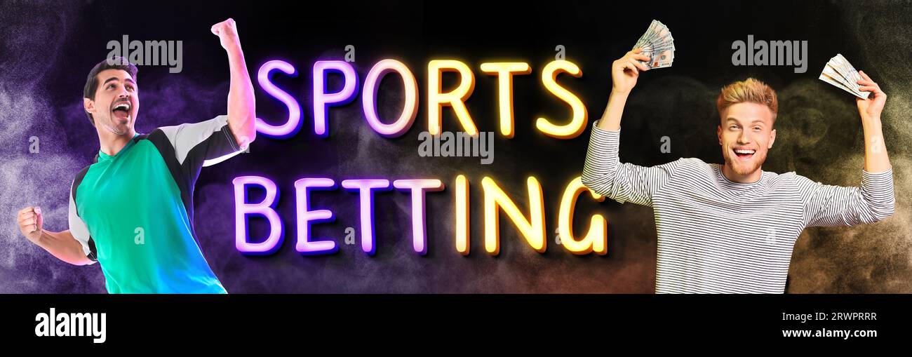 Bookmaking, sports betting. Happy football player and happy winner with money on black background with smoke, banner design Stock Photo
