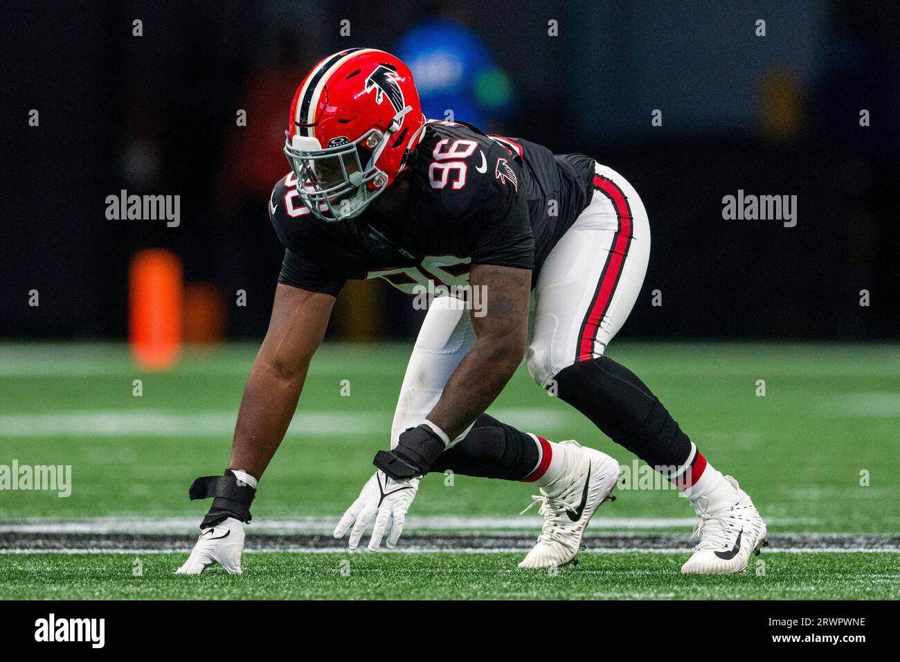 Atlanta Falcons defensive end Zach Harrison (96) lines up during the first  half of an NFL football game against the Green Bay Packers, Sunday, Sep.  17, 2023, in Atlanta. The Atlanta Falcons