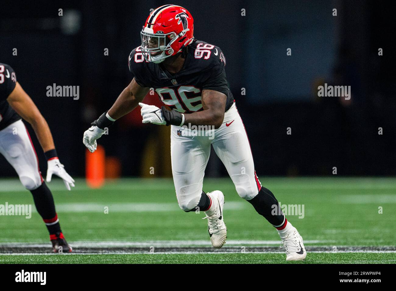 Atlanta Falcons defensive end Zach Harrison (96) works during the first  half of an NFL preseason football game against the Pittsburgh Steelers,  Thursday, Aug. 24, 2023, in Atlanta. The Pittsburgh Steelers won