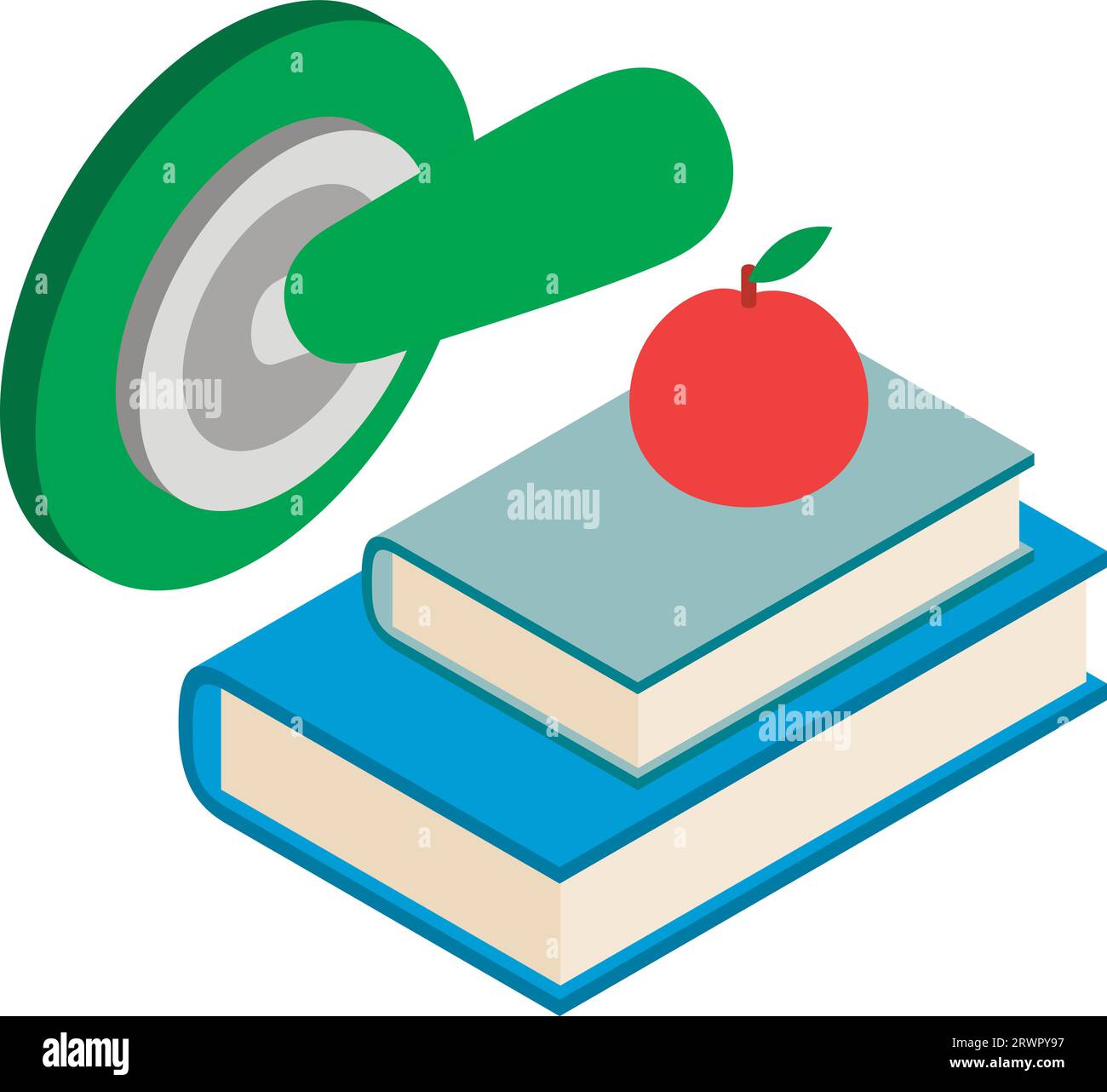 Education symbol icon isometric vector. Red apple on stack of book and ...
