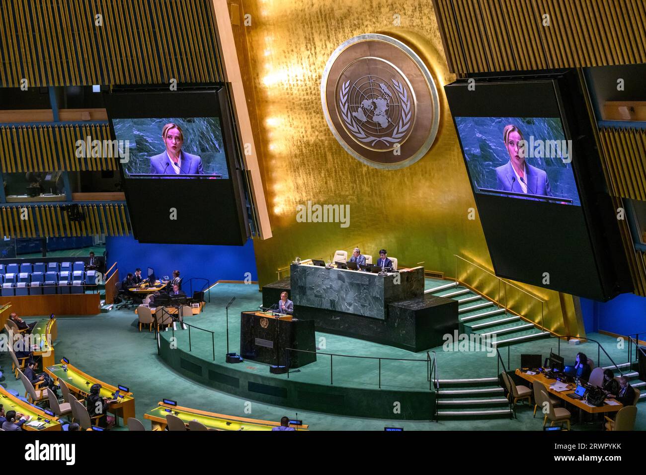 New York, USA. 20th Sep, 2023. Italian Prime Minister Meloni addresses the 78th UN