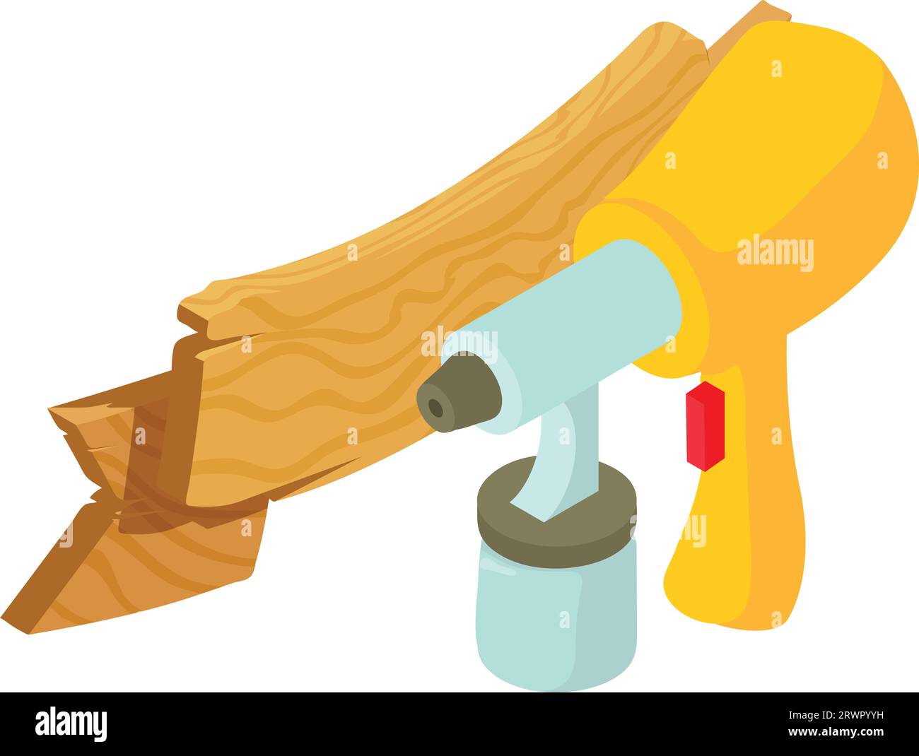 Painting equipment icon isometric vector. New yellow spray gun and wooden sign. Industrial painting, repair work Stock Vector